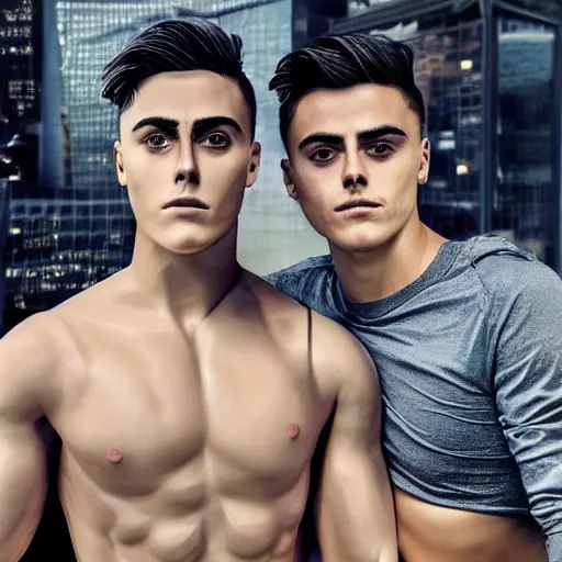 Prompt: a realistic detailed photo of a guy who is an attractive humanoid who is half robot and half humanoid, who is a male android, soccer player paulo dybala, shiny skin, posing like a statue, blank stare, in a living room, on display, showing off his muscles, with a twin