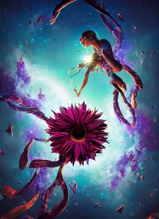 Image similar to An epic fantastic realism comic book style painting of the most beautiful entwined flowers launched across the dark galactic night sky, nebulous bouquets, fisheye lens, unreal 5, DAZ, hyperrealistic, octane render, dynamic lighting