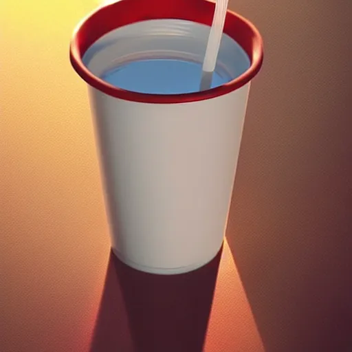 Image similar to white paper cup with red strip ring and a straw!!!, hyperrealistic, highly detailed, cinematic, volumetric sunlight, beautiful, cgssociety, artstation, 8 k, oil painting by greg rutkowski, by artgerm, by wlop