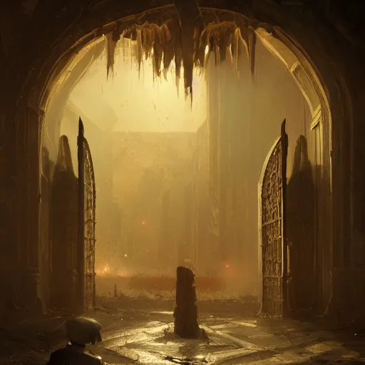 Image similar to gates to hell, by greg rutkowski, sung choi, photo realistic, 8 k, cinematic lighting, hd, atmospheric, hyperdetailed, trending on artstation, devainart, digital painting, glow effect