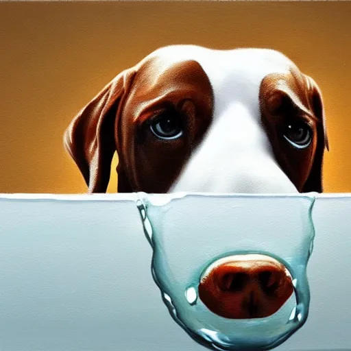 Image similar to drops of ice cream dripping from the top of the nose of a dog, highly realistic photography, high quality, artstation, oil painting