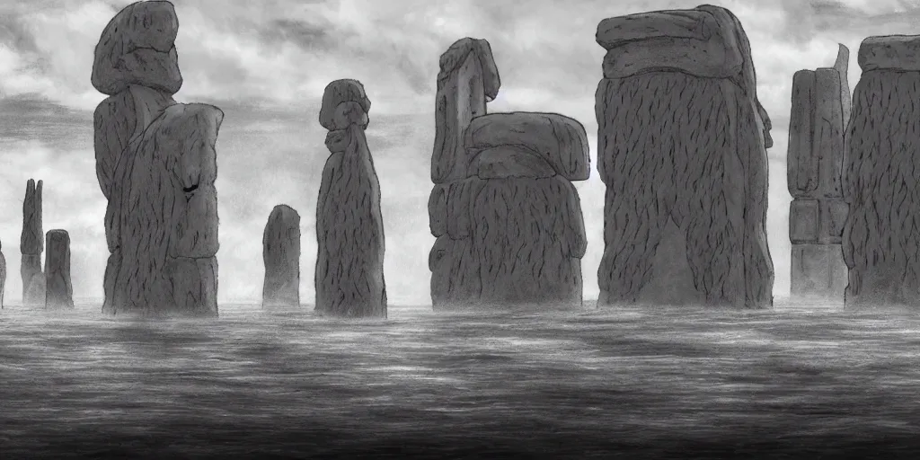 Prompt: a realistic cell - shaded studio ghibli concept art from paprika ( 2 0 0 6 ) of a giant wooly mammoth and a grey warrior in a flooded monument valley stonehenge easter island on a misty starry night. very dull colors, wide shot, hd, 4 k, hq