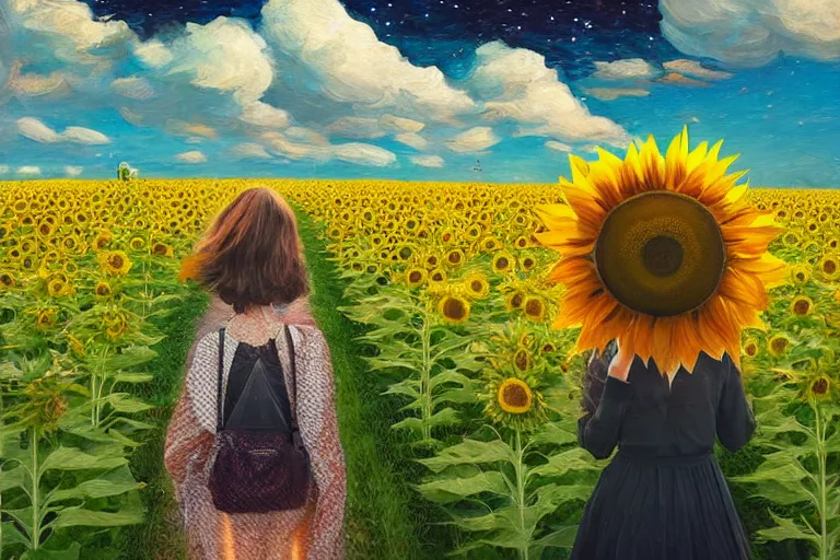 Image similar to giant sunflower as a head, girl walking in wheat field, hills, surreal photography, dark night, star trails, dramatic light, impressionist painting, clouds, digital painting, artstation, simon stalenhag