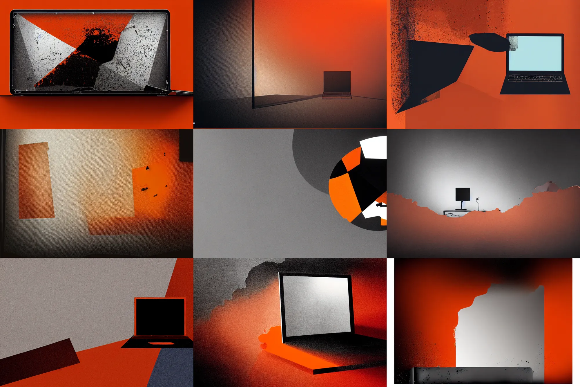 Prompt: editorial illustration by karolis strautniekas and mads berg, office interior, broken laptop screen, window, liquid clouds, fog, red orange black blue beige, fine texture, detailed, muted colors, film noir, dramatic lighting, dynamic composition, vivid, matte print, wide angle, ( ( sunbeams ) ), moody, studio lighting