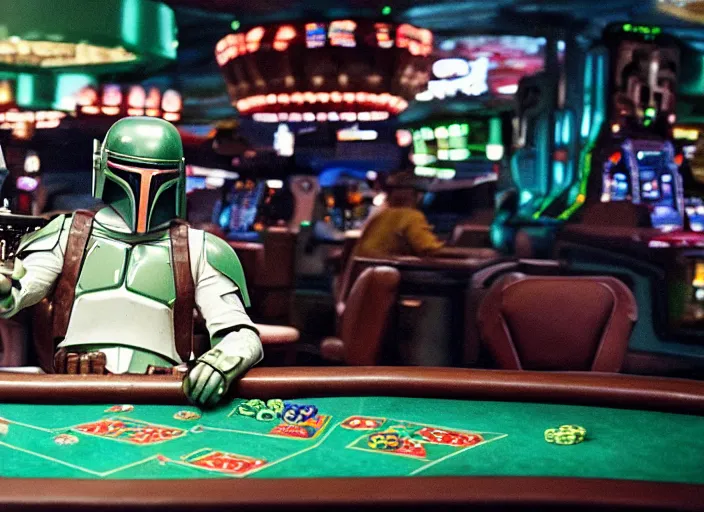 Image similar to film still of Boba Fett gambling in vegas in the new star wars film, 4k