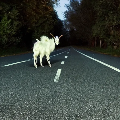 Prompt: a evil goat in the middle of the road in the middle of the night, found footage