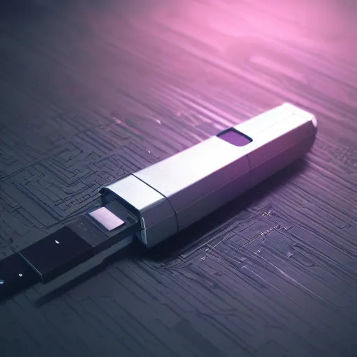Image similar to usb stick from future, cyberpunk style, product photo, octane render, unreal render, ultra detail, no noise, isometric, full view