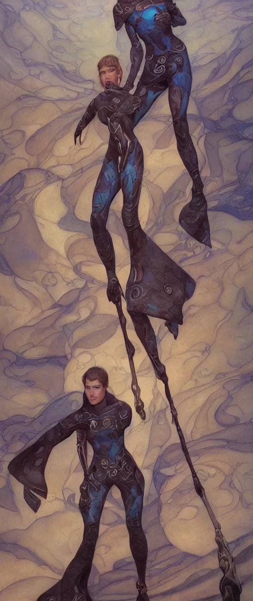 Image similar to beautiful female fremen on dune, by edgar maxence artgerm ross tran and michael whelan and gustav klimpt