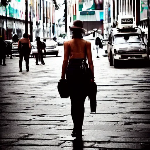 Prompt: beautiful woman standing alone in mexico city with taxi cabs and busy streets, artstation