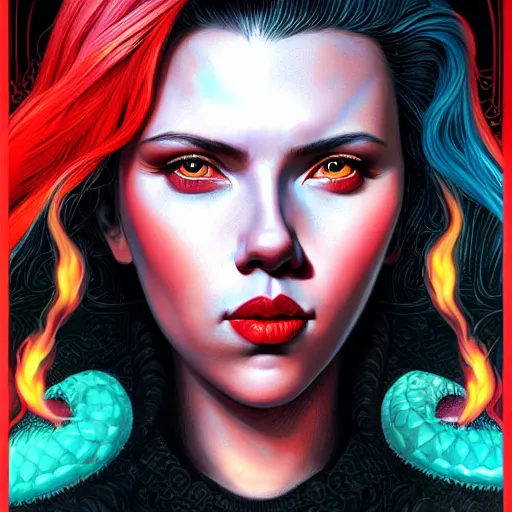 Prompt: lofi female demon portrait of scarlett johansson, fire and flame, big long hell serpent dragon, Pixar style, by Tristan Eaton Stanley Artgerm and Tom Bagshaw.