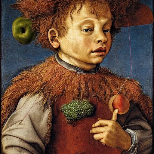 Image similar to a boy and his kite, by giuseppe arcimboldo, renaissance, portrait, fruit, detailed oil paint, high definition