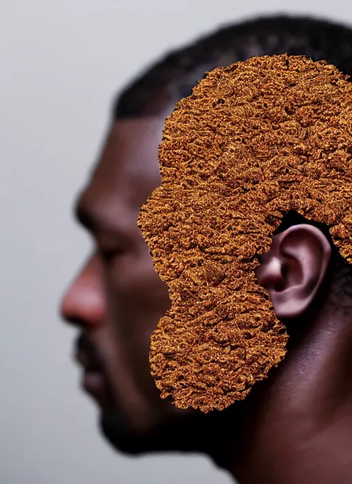 Image similar to a black man's face in profile, made of coxinha, in the style of the Dutch masters and Gregory Crewdson, dark and moody
