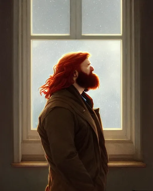 Prompt: attractive red - headed bearded man looking out the window sadly, highly detailed, digital painting, artstation, concept art, smooth, sharp focus, illustration, art by artgerm and greg rutkowski and alphonse mucha