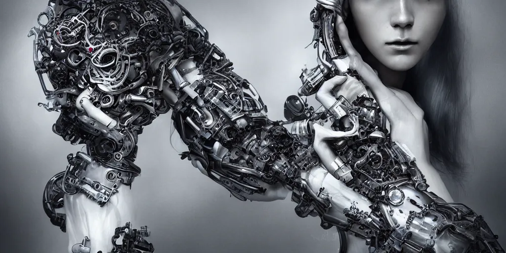 Image similar to hyperrealistic photography of a stunningly beautiful cyborg female, mechanical elbow, plated arm, intimate, holding hands, in the style of beth cavener, jin kagetsu,, and wlop, highly detailed, intricate, face symmetry, masterpiece, award - winning, sharp focus, concept art, high key, ambient lighting, 8 k, octane render, artstation