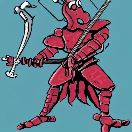 Image similar to Lobster Knight with a claw arm and a human arm holding a sword