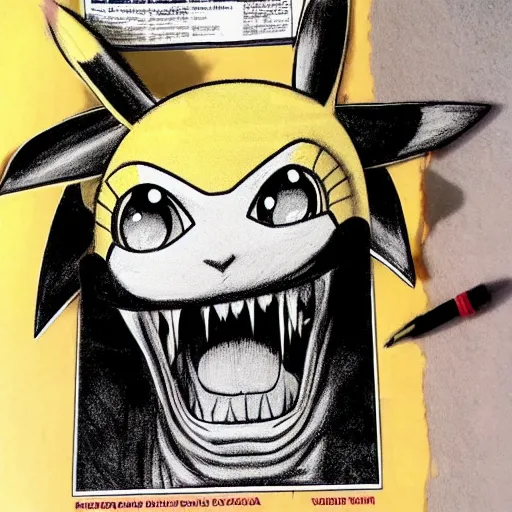 Image similar to ultra realistic pikachu from pokemon with a bloody smile + mouth full of sharp fangs + horror vibe + by junji ito - w 1 0 2 4