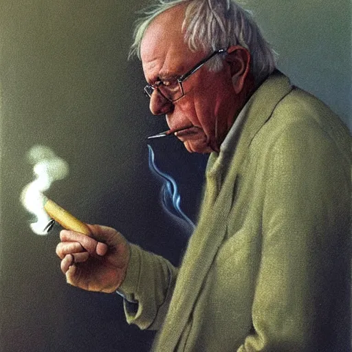 Prompt: a portrait of bernie sanders smoking a joint, painted by zdzislaw beksinski