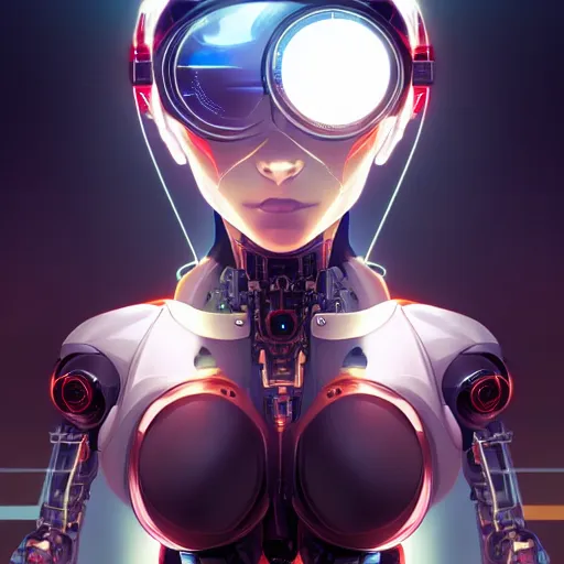 Image similar to digital anime, cyborg - girl looking into a mirror, mechanical insides, reflections, wlop, ilya kuvshinov, artgerm