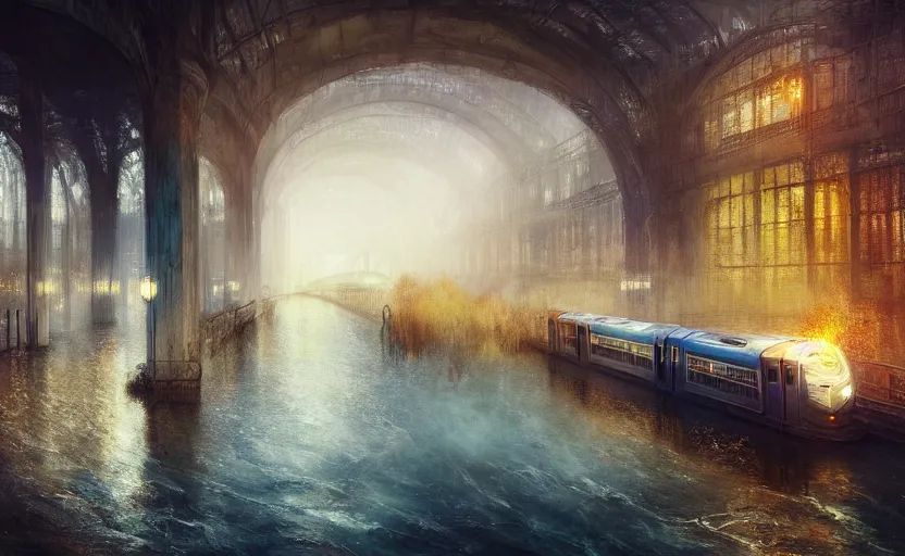 Image similar to an urban train rides inside of a waterway on a fantasy city. by artstation trending, by joseph mallord william turner, luis royo, konstantin razumov, cinematic lighting, fractal flame, highly detailed