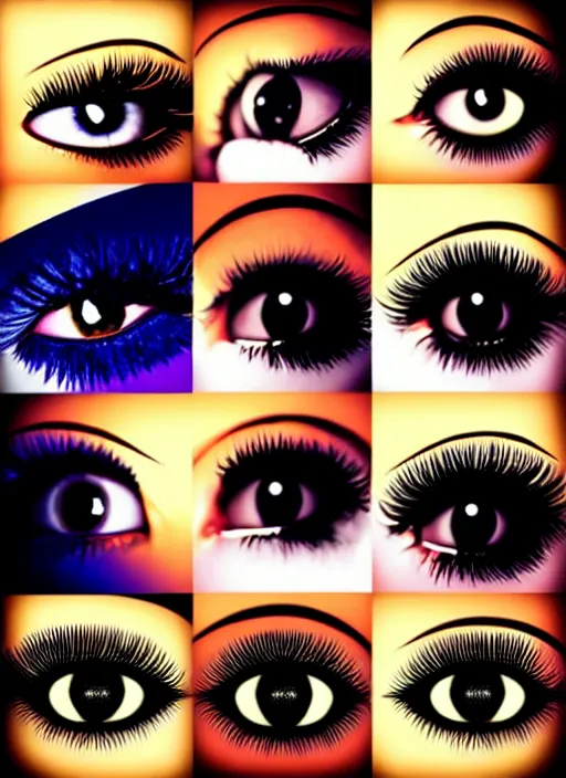 Image similar to grid montage of cube shaped eyes cubes, square shaped black dilated pupils cubes, cube shaped irises, detailed colored textures, lashes, advanced art, art styles mix, wet reflections in square eyes, sunshine light, hd macro photograph, from side, various eyelid positions, square black pupil centered