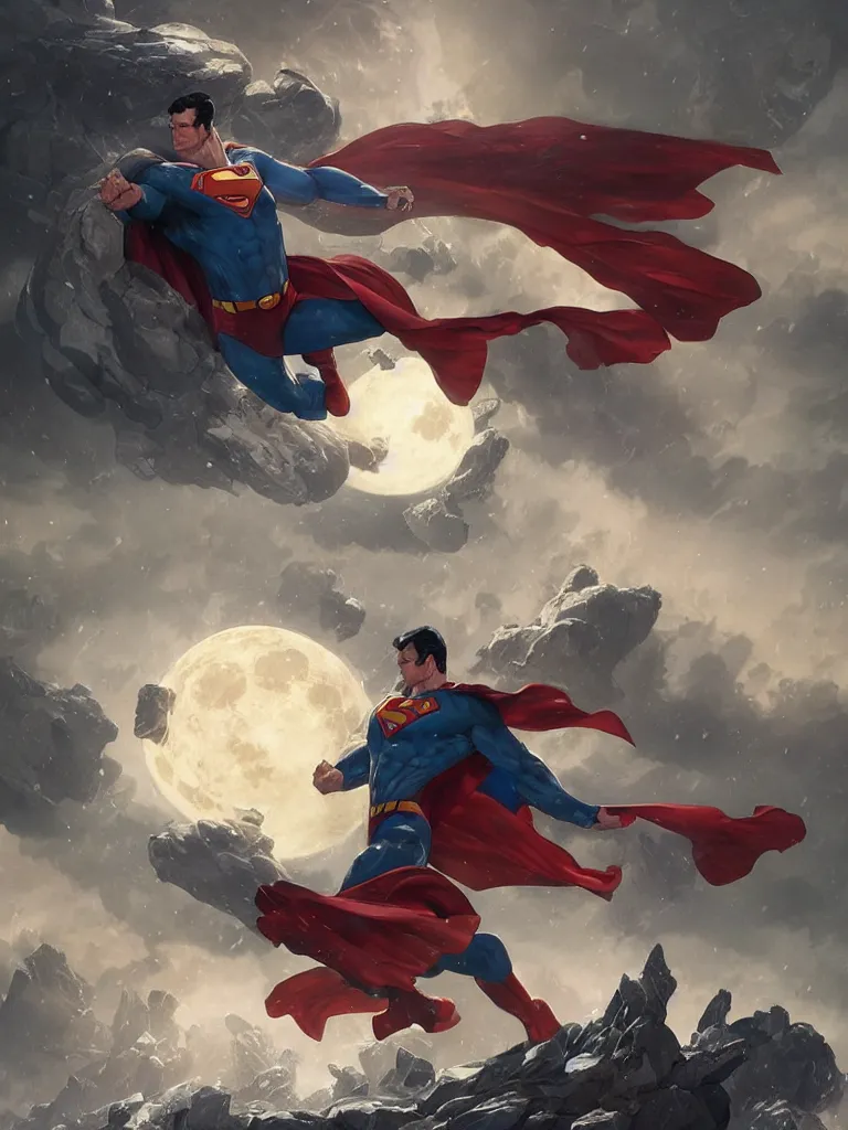 Image similar to giant superman attacking during a blizzard, highly detailed, digital illustration, artstation, concept art, matte, sharp focus, illustration, dramatic, full moon, art by artgerm and greg rutkowski and alphonse mucha