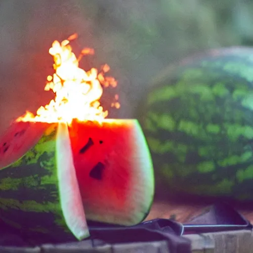 Prompt: photo of a watermelon on fire