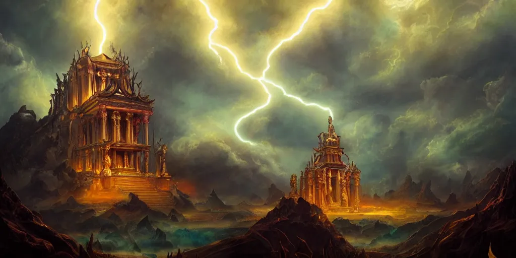 Prompt: mythological temple dedicated to lightning, by Rolf Armstrong and Evelyn De Morgan and Bastien Lecouffe-Deharme, dramatic lighting, high contrast colors, baroque, empyrean, panoramic view, as trending on Artstation, highly detailed, doom engine,