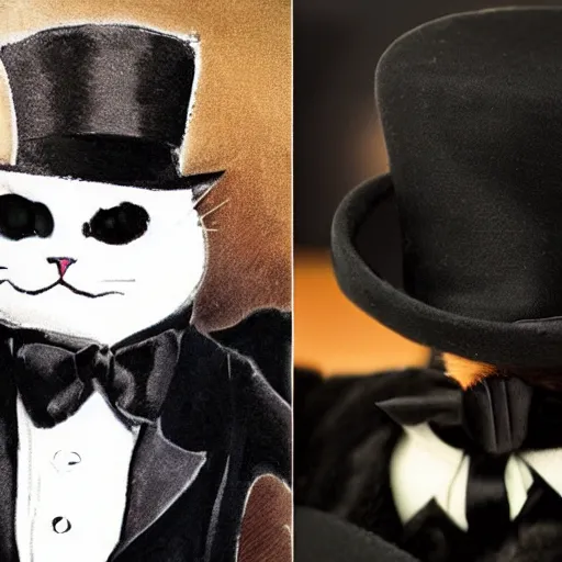 Image similar to a black cat with a top hat and a tuxedo