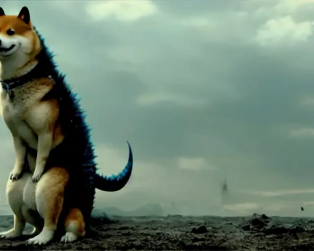 Image similar to godzilla as a shiba inu in a Godzilla: King of the Monsters still film directed by Christopher Nolan, shooting beams from its mouth and toppling over cities, epic action scene