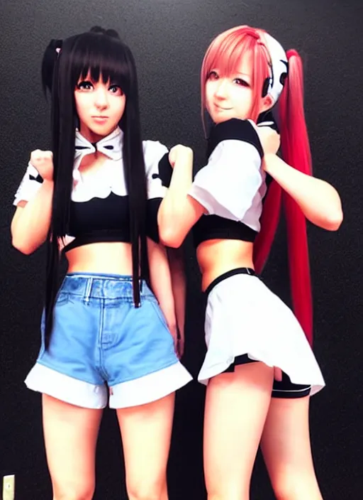 Image similar to two beautiful female fighters with twintails taunting each other, high waist shorts, white top, dim lighting, gorgeous features, smooth, detailed anime art