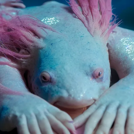 Image similar to cinematic photo of a beautiful albino axolotl woman lit with saturated split colour blue and dusty pink lighting sunbathing by the pool
