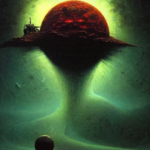 Image similar to outer space with eldritch terror in the middle of composition, cosmic horror, ultra realistic, highly detailed, HD, sharp focus, cinematic lighting, realistic, vivid colors, oil painting, art by Zdzislaw Beksinski