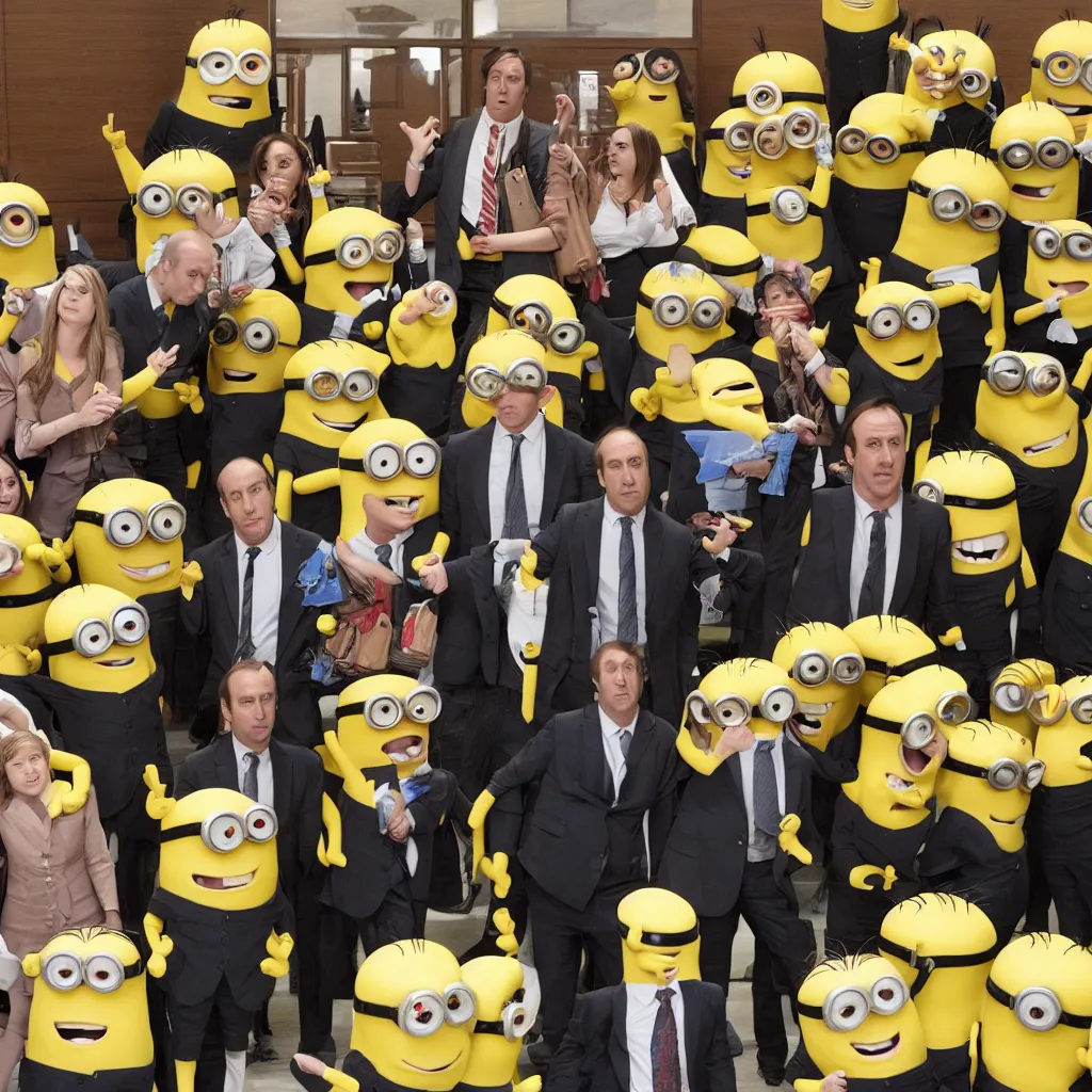 Image similar to Saul Goodman defending the minions in court