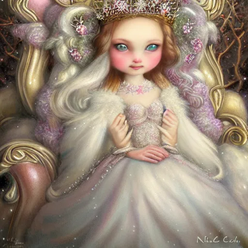 Image similar to highly detailed closeup portrait of a snow, ice princess, she is wearing a crown, she is sitting on a throne surrounded by fluffy bears, nicoletta ceccoli, mark ryden, lostfish, earl nore, global illumination, god rays, detailed and intricate environment