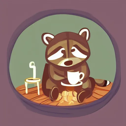 Image similar to little raccoon and sitting by a cozy fireplace with a cup of tea. warm color temperature,