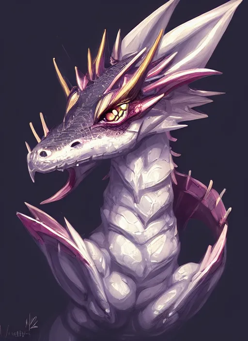 Prompt: cute small dragon, dark, black white, blue, pink and gold color scheme, flowers, cool, highly detailed, artgerm, cushart krenz, artstation, soft light, sharp focus, illustration, character design, concept art