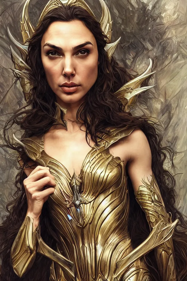 Image similar to Frightening and beautiful Gal Gadot as High elf queen wearing high fashion from Alexander McQueen and Iris Van Herpen, hyperrealistic masterpiece painted by Jaime Jones, Craig Mullins, Artgerm and Alphonse Mucha