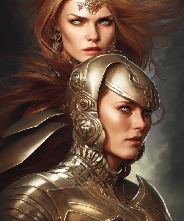 Image similar to Muscular and powerful medieval knight woman portrait, sci-fi, amber eyes, face, long hair, fantasy, intricate, elegant, highly detailed, digital painting, artstation, concept art, smooth, sharp focus, illustration, art by artgerm and greg rutkowski and alphonse mucha