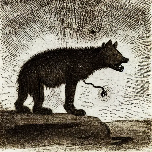 Image similar to giant hyena standing on a desert road at night with glowing eyes, laughing, hard flashlight, eerie strange bizarre, by alfred kubin