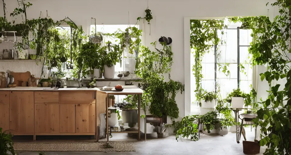 Image similar to IKEA catalogue photo, high end farm house style kitchen, sand piled in corners, dust, organic, vines, overgrown, tropical, by Dali