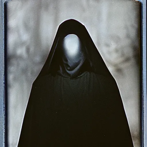 Prompt: polaroid of faceless dark cloaked Nazgûl by Tarkovsky