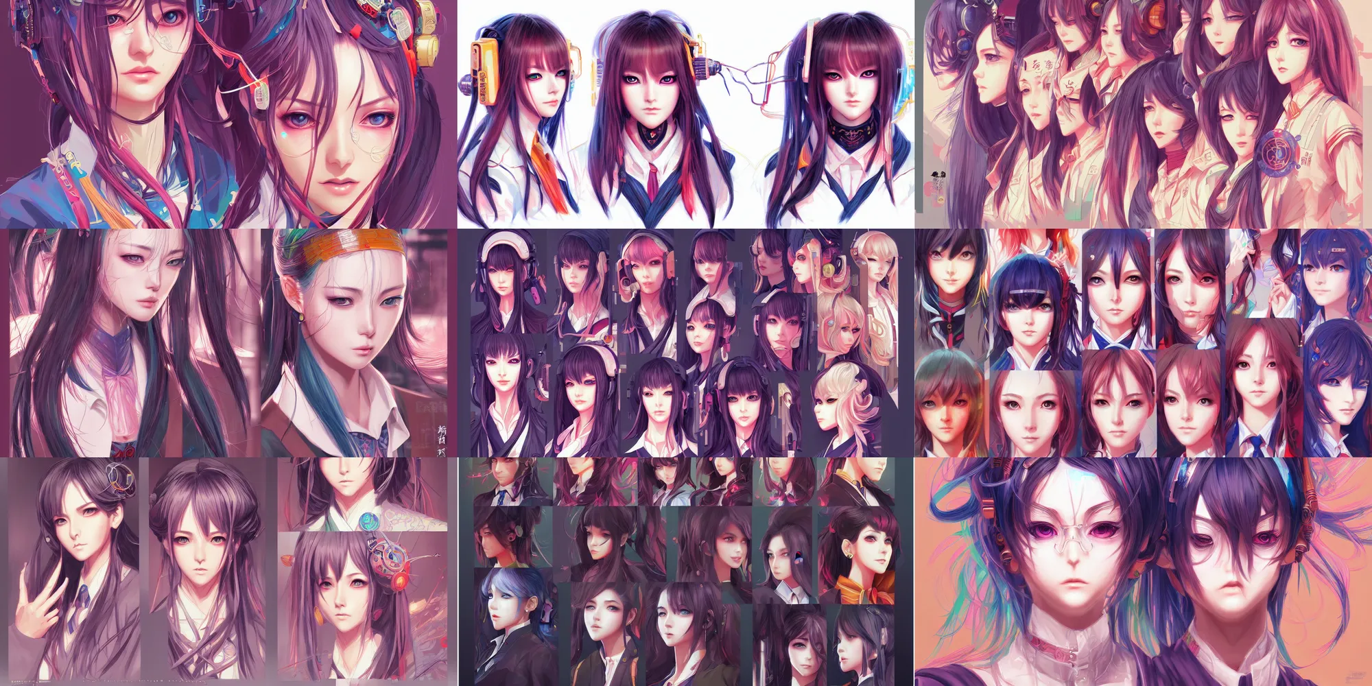 Prompt: colorful character design sheet, beautiful anime style women with a gorgeous faces symmetrical, japanese school uniform, cyberpunk, intricate, elegant, highly detailed, digital painting, by mario feng and feng wei and artgerm and wlop