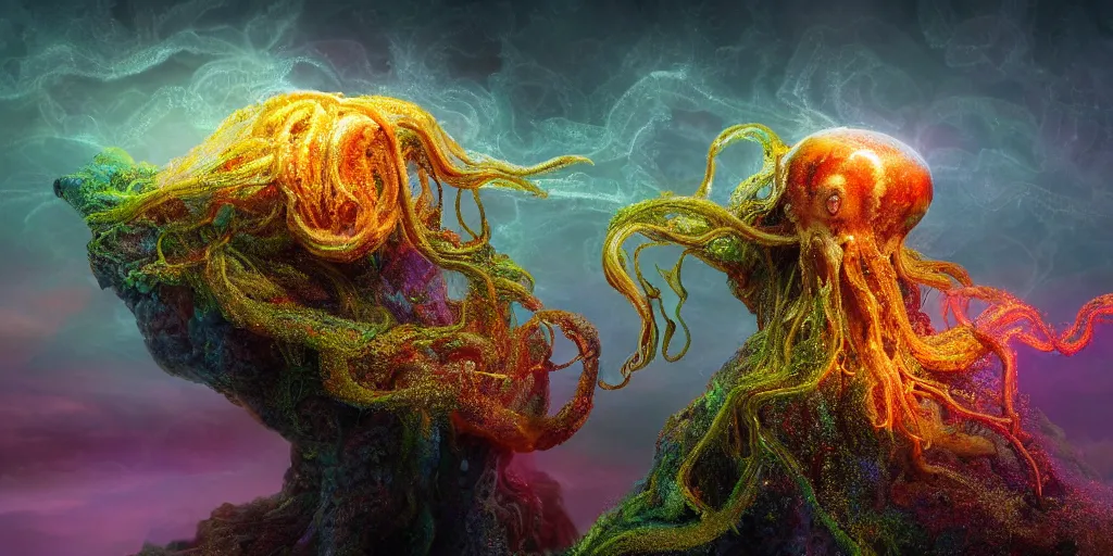 Image similar to Photorealistic intricate detailed picture of a levitating floating spirit squid god made out of colourful fungus tendrils, with arms outstretched. a gentle rising mist, an epic rocky landscape. occult photorealism, UHD, amazing depth, glowing, golden ratio, 3D octane cycle unreal engine 5, volumetric lighting, cinematic lighting, cgstation artstation concept art