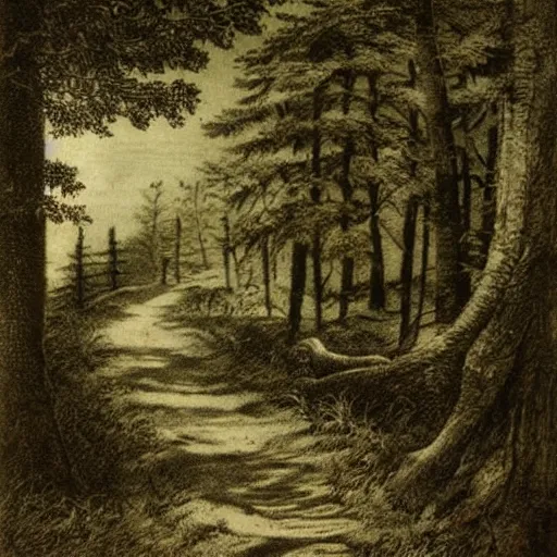 Prompt: a path in the woods, trees, rocks, mysterious, engraving, old book, etching