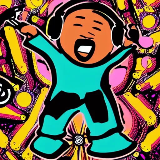 Image similar to svg sticker of a Dancing-Cleveland Brown, at a rave, spinning records, giant headphones rocking out, wearing headphones, huge speakers, dancing, rave, DJ, spinning records, digital art, amazing composition, rule-of-thirds, award-winning, trending on artstation, featured on deviantart