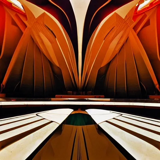 Image similar to interior of a futuristic lotus temple with gold, red and white marble panels, in the desert, by buckminster fuller and syd mead, intricate contemporary architecture, photo journalism, photography, cinematic, national geographic photoshoot