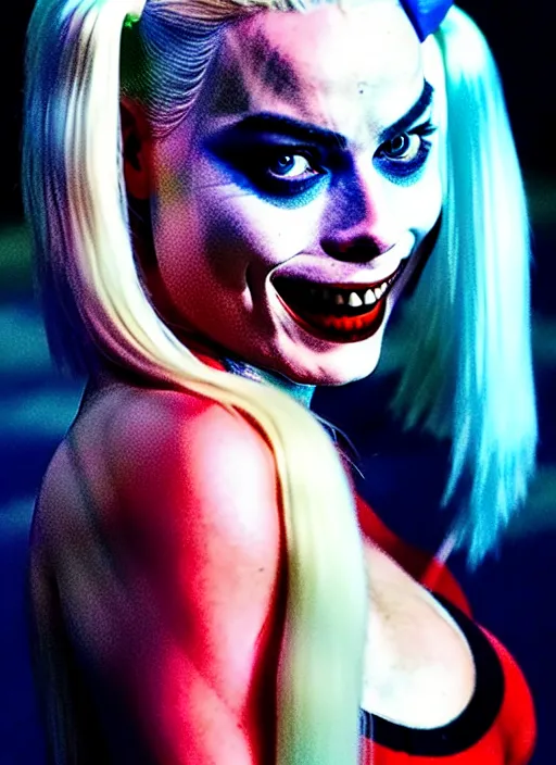Prompt: 2 8 mm photo of beautiful suicide squad happy margot robbie with long white hair that looks like harley quinn standing on the wet street of dystopian gotham city at night, angry frown, seductive camisole, pinup model, glamour fashion pose, cinematic, volumetric lighting octane, ridley scott,