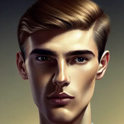 Image similar to tall man in his twenties with brown blond short quiff hair and thin slightly round facial structure with cleft chin, straight eyebrows and prominent nose, good definition of cheekbones, big hazel nut brown eyes, narrow face, slim body, atmospheric lighting, painted, intricate, 4 k, highly detailed by charlie bowater