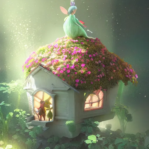 Image similar to a tiny cute fairy in a flower house, cute, adorable, volumetric light, octane render, trending on artstation