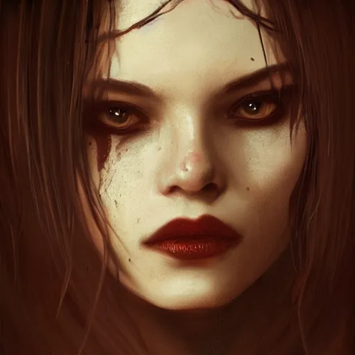 Image similar to portrait of a vampire woman, sad, cry, gloomy, blood, fire, intricate, elegant, highly detailed, digital painting, artstation, concept art, matte, sharp focus, illustration, octane render, unreal engine, art by aenaluck and roberto ferri and greg rutkowski, epic fantasy, digital painting